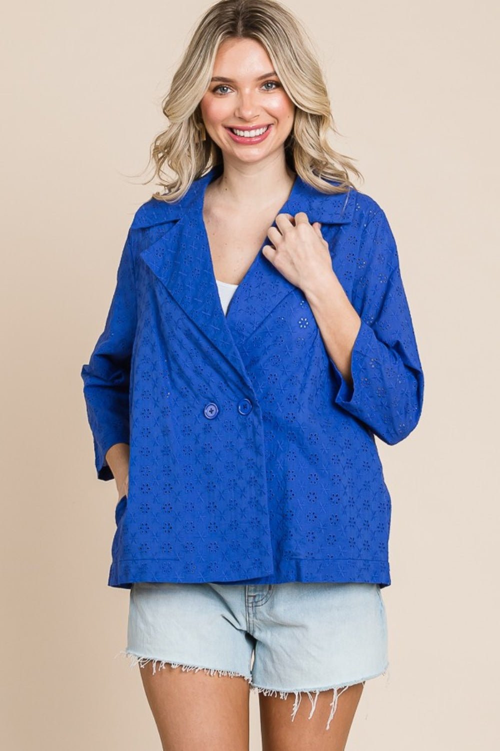 Culture CodeDouble Breasted Eyelet Jacket with Pockets in Cobalt Blue