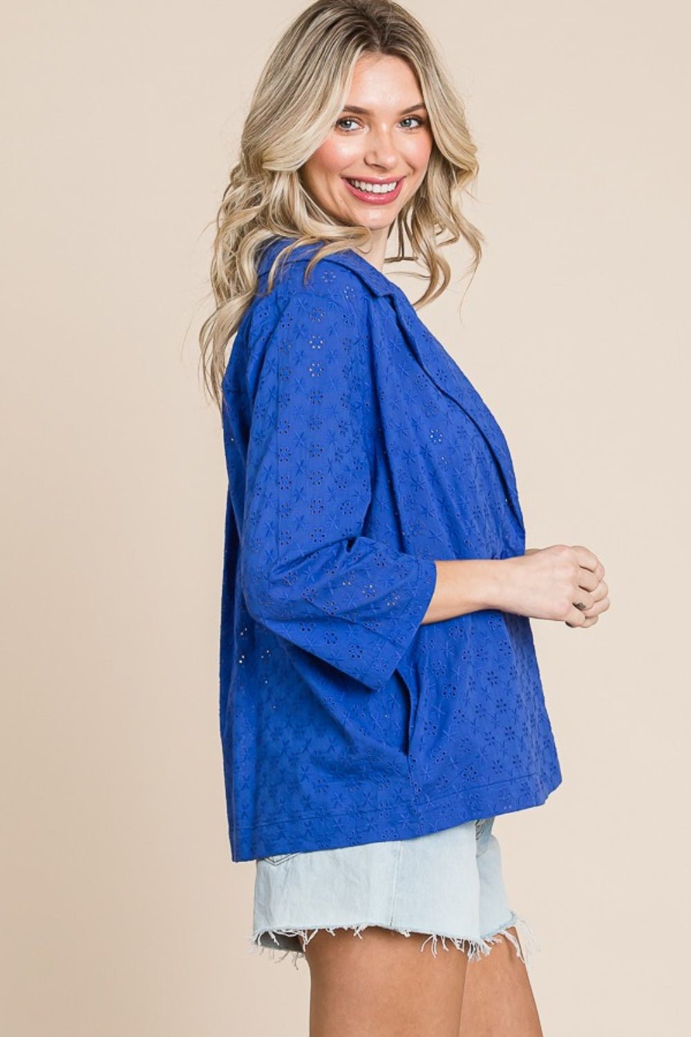 Culture CodeDouble Breasted Eyelet Jacket with Pockets in Cobalt Blue