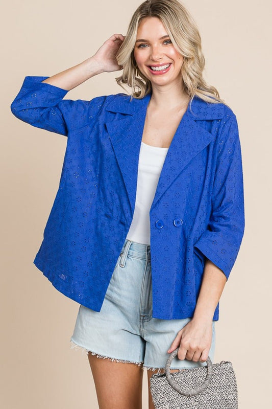 Culture CodeDouble Breasted Eyelet Jacket with Pockets in Cobalt Blue