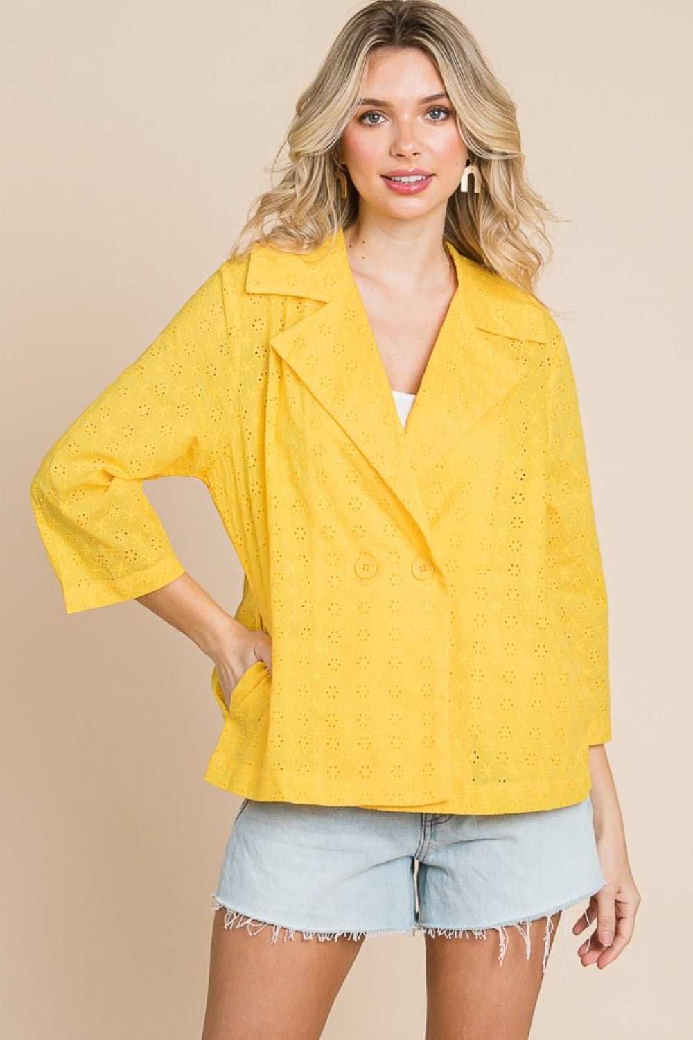 Culture CodeDouble Breasted Eyelet Jacket with Pockets in Lemonade