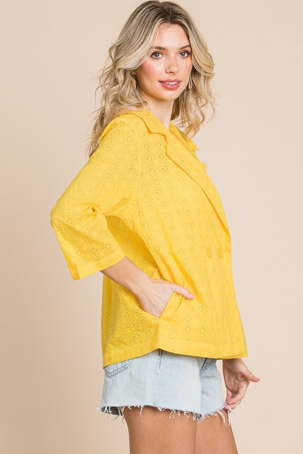 Culture CodeDouble Breasted Eyelet Jacket with Pockets in Lemonade