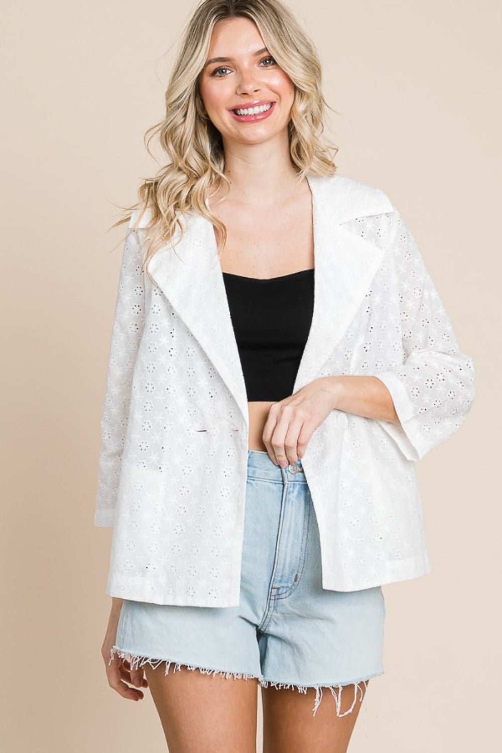 Culture CodeDouble Breasted Eyelet Jacket with Pockets in Soft White