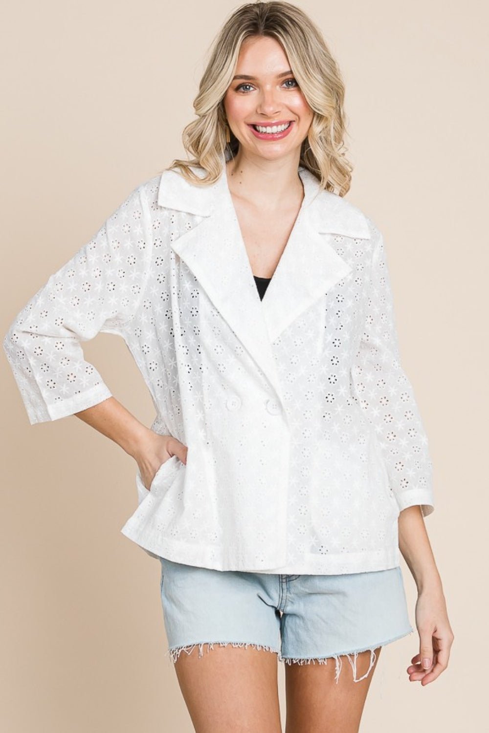 Culture CodeDouble Breasted Eyelet Jacket with Pockets in Soft White