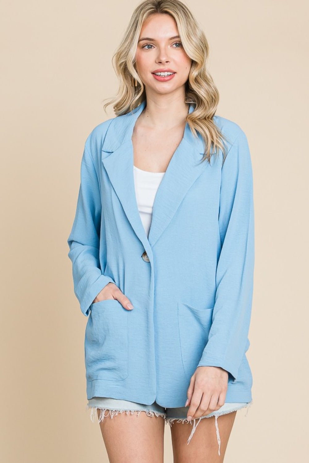 Culture CodeOne Button Long Sleeve Blazer with Pockets in Blue