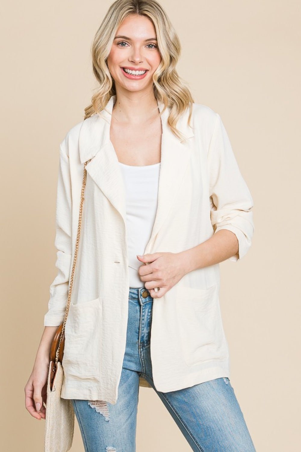 Culture CodeOne Button Long Sleeve Blazer with Pockets in New Ivory