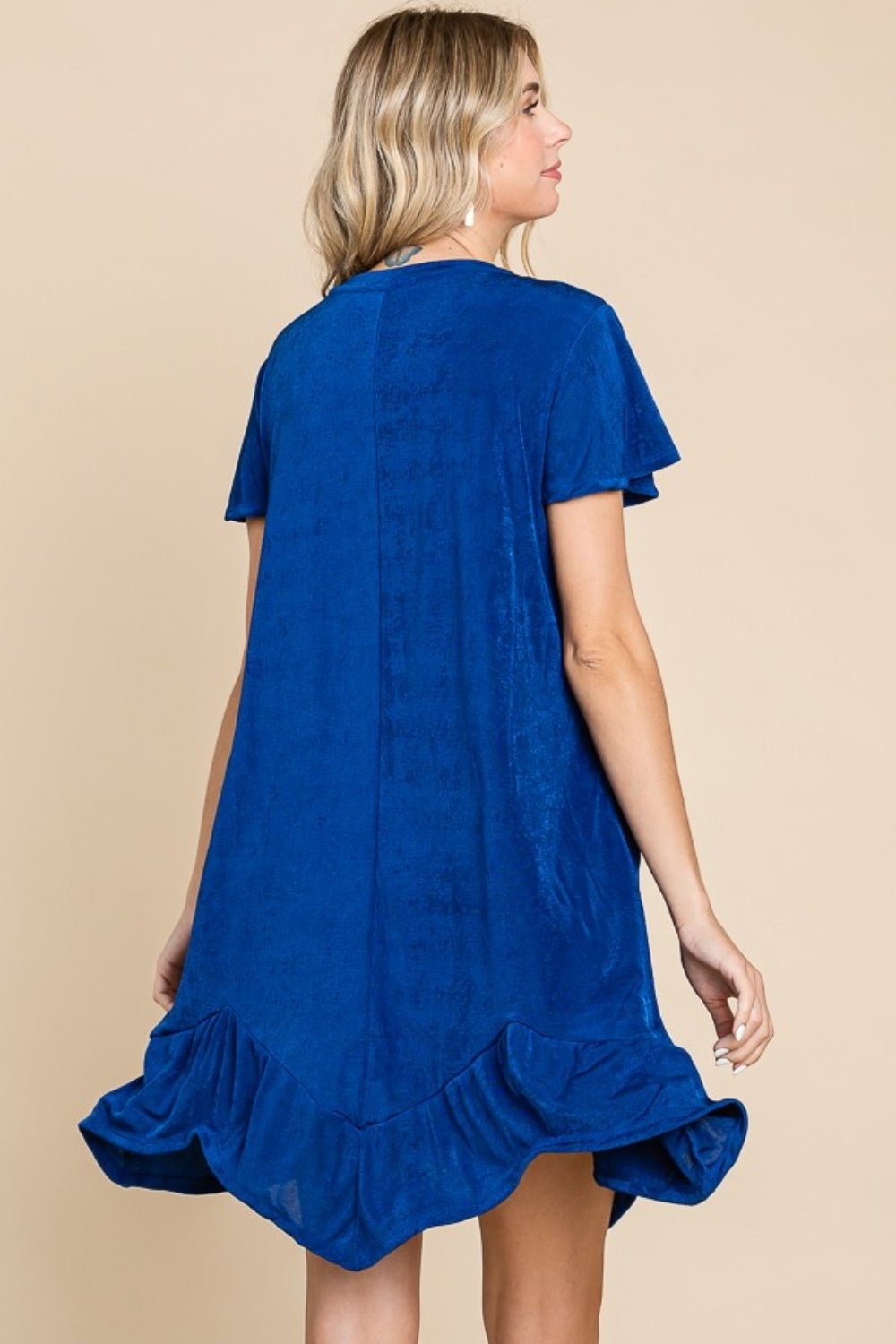 Culture CodeShort Sleeve Ruffled Asymmetric Hem Mini Dress in Royal Blue