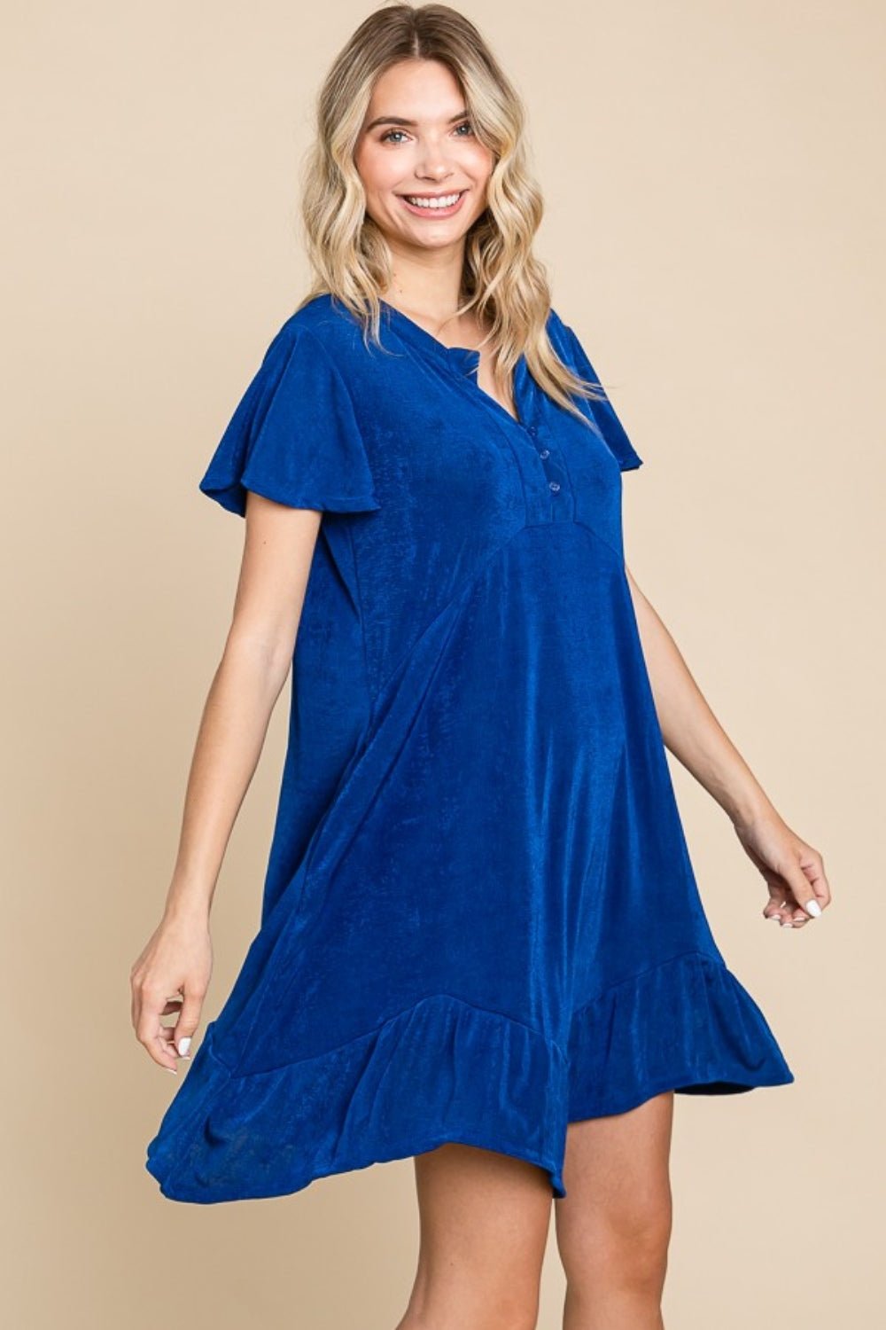 Culture CodeShort Sleeve Ruffled Asymmetric Hem Mini Dress in Royal Blue