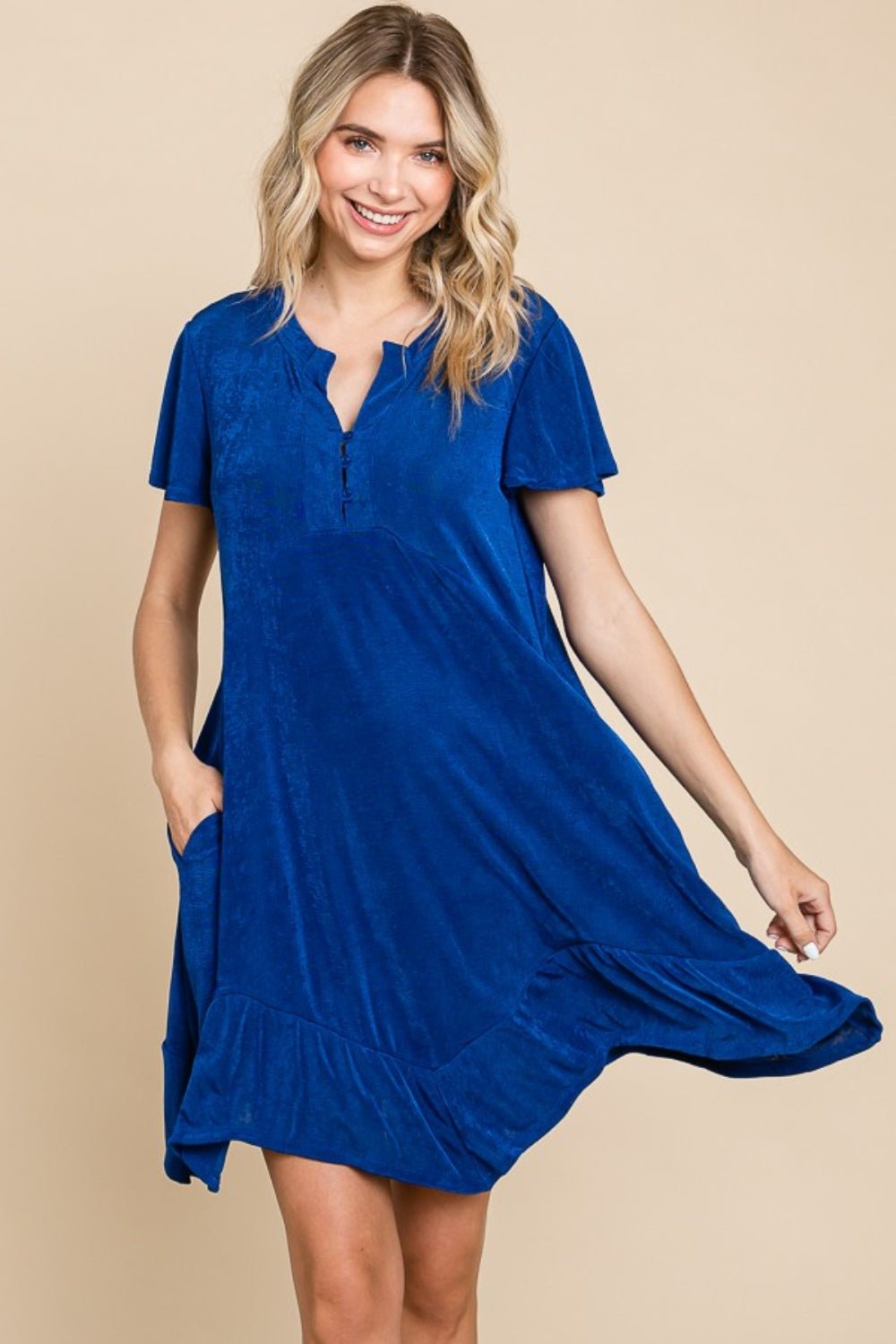 Culture CodeShort Sleeve Ruffled Asymmetric Hem Mini Dress in Royal Blue