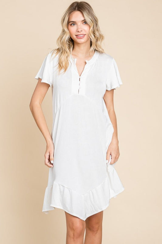 Culture CodeShort Sleeve Ruffled Asymmetric Hem Mini Dress in Soft White