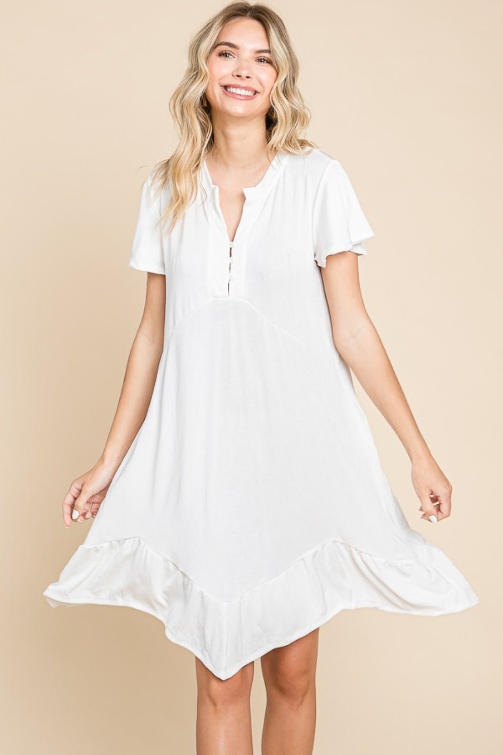 Culture CodeShort Sleeve Ruffled Asymmetric Hem Mini Dress in Soft White