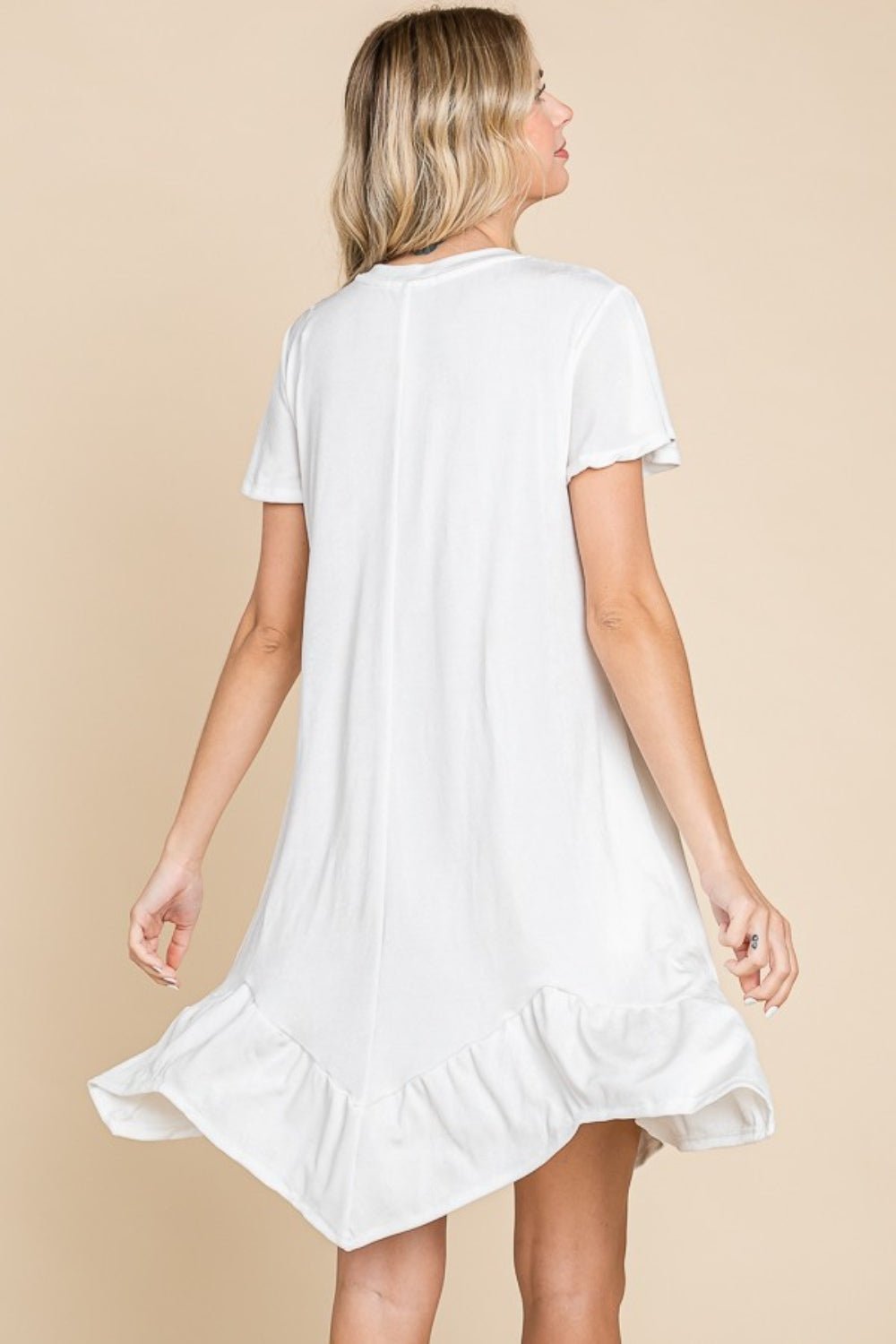 Culture CodeShort Sleeve Ruffled Asymmetric Hem Mini Dress in Soft White