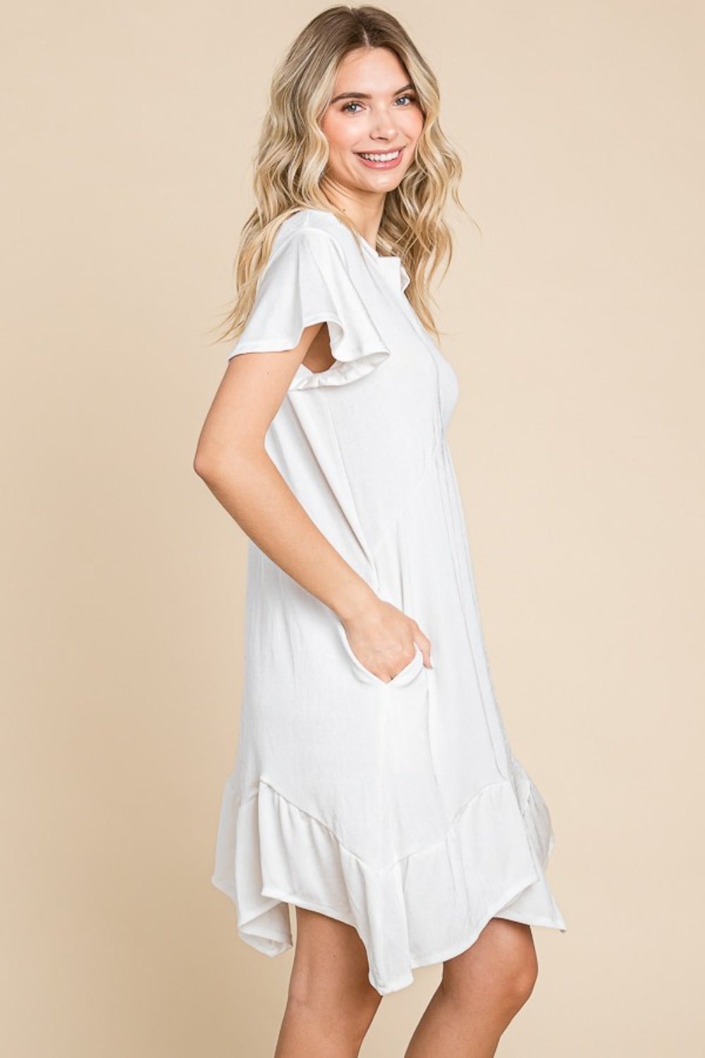 Culture CodeShort Sleeve Ruffled Asymmetric Hem Mini Dress in Soft White