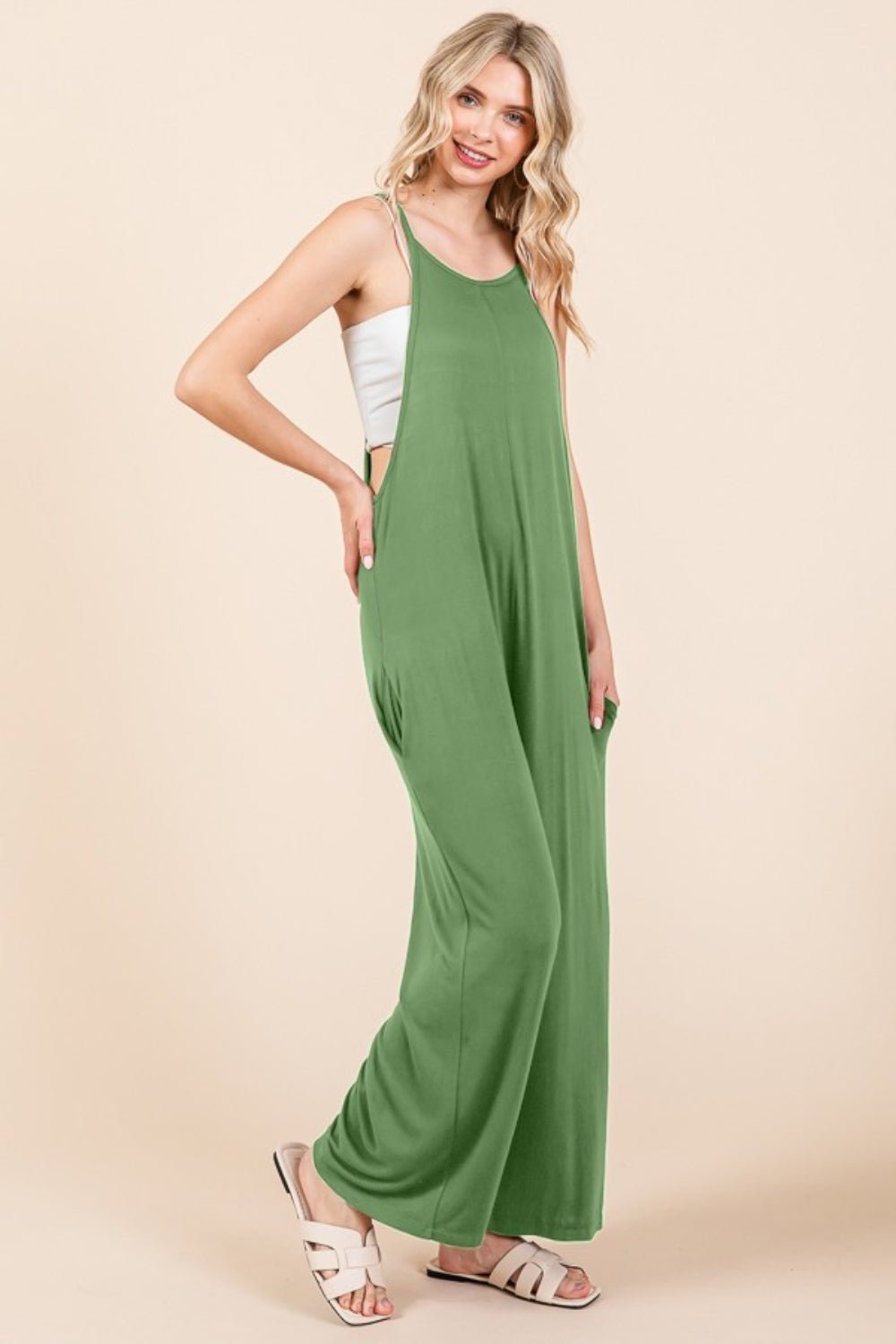 Culture CodeSleeveless Wide Leg Jumpsuit with Pockets in Green Marble