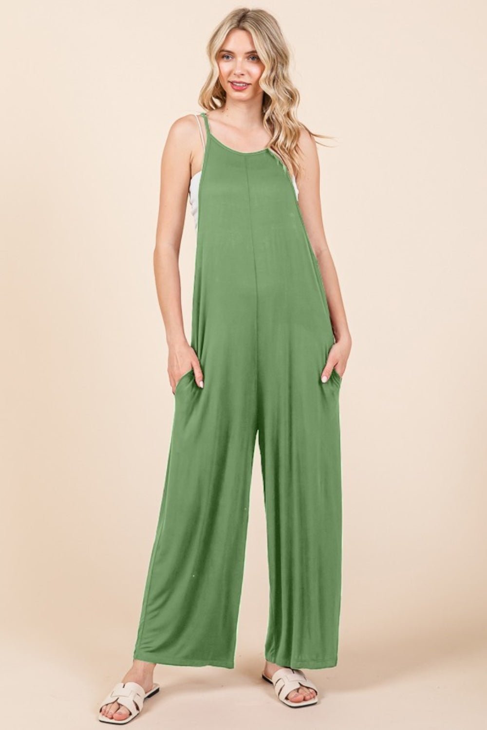 Culture CodeSleeveless Wide Leg Jumpsuit with Pockets in Green Marble