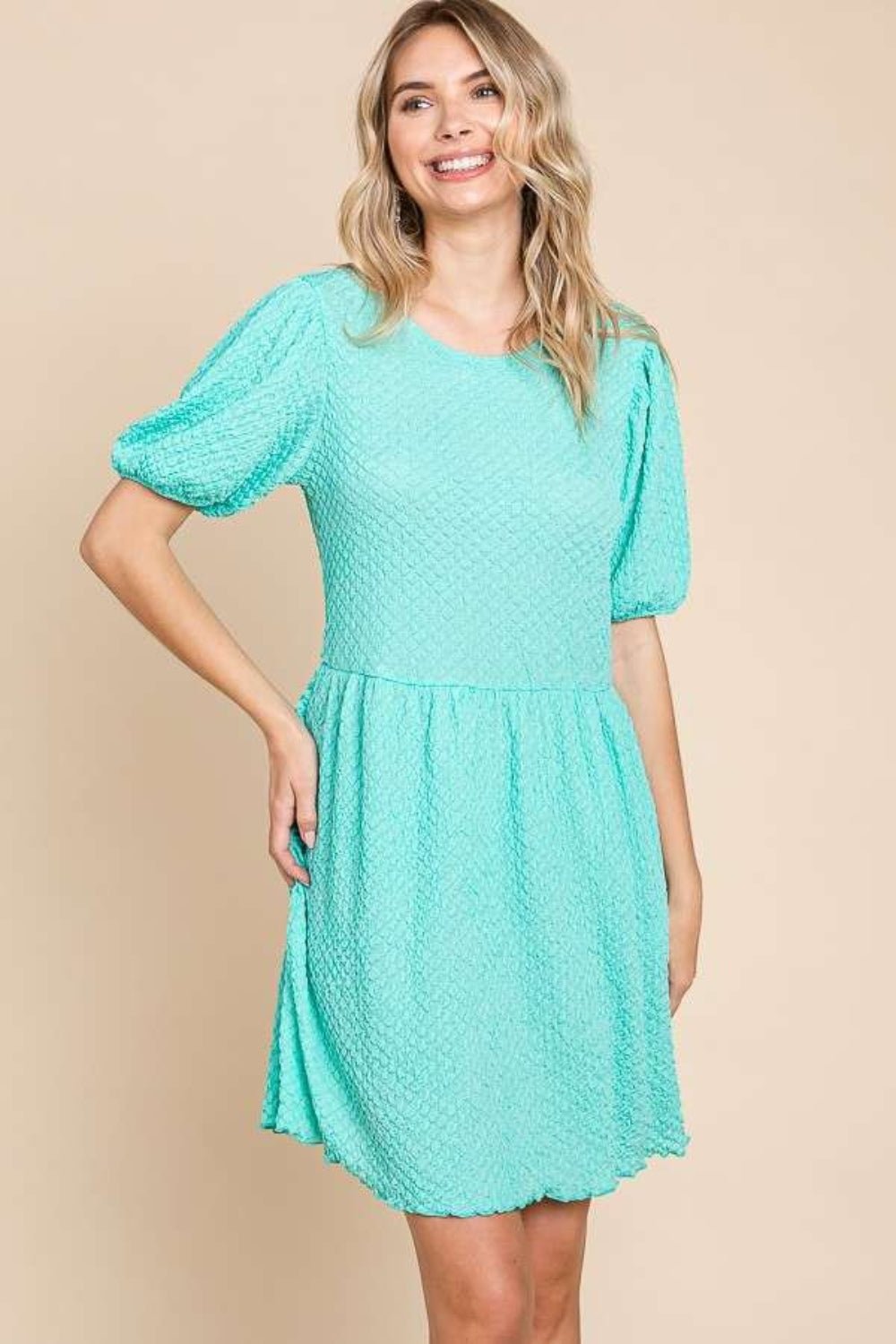 Culture CodeTextured Puff Sleeve Mini Dress in Mint