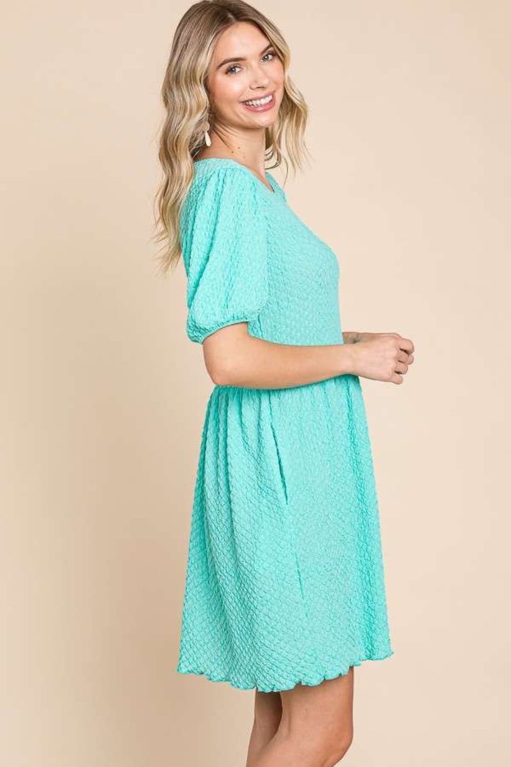 Culture CodeTextured Puff Sleeve Mini Dress in Mint