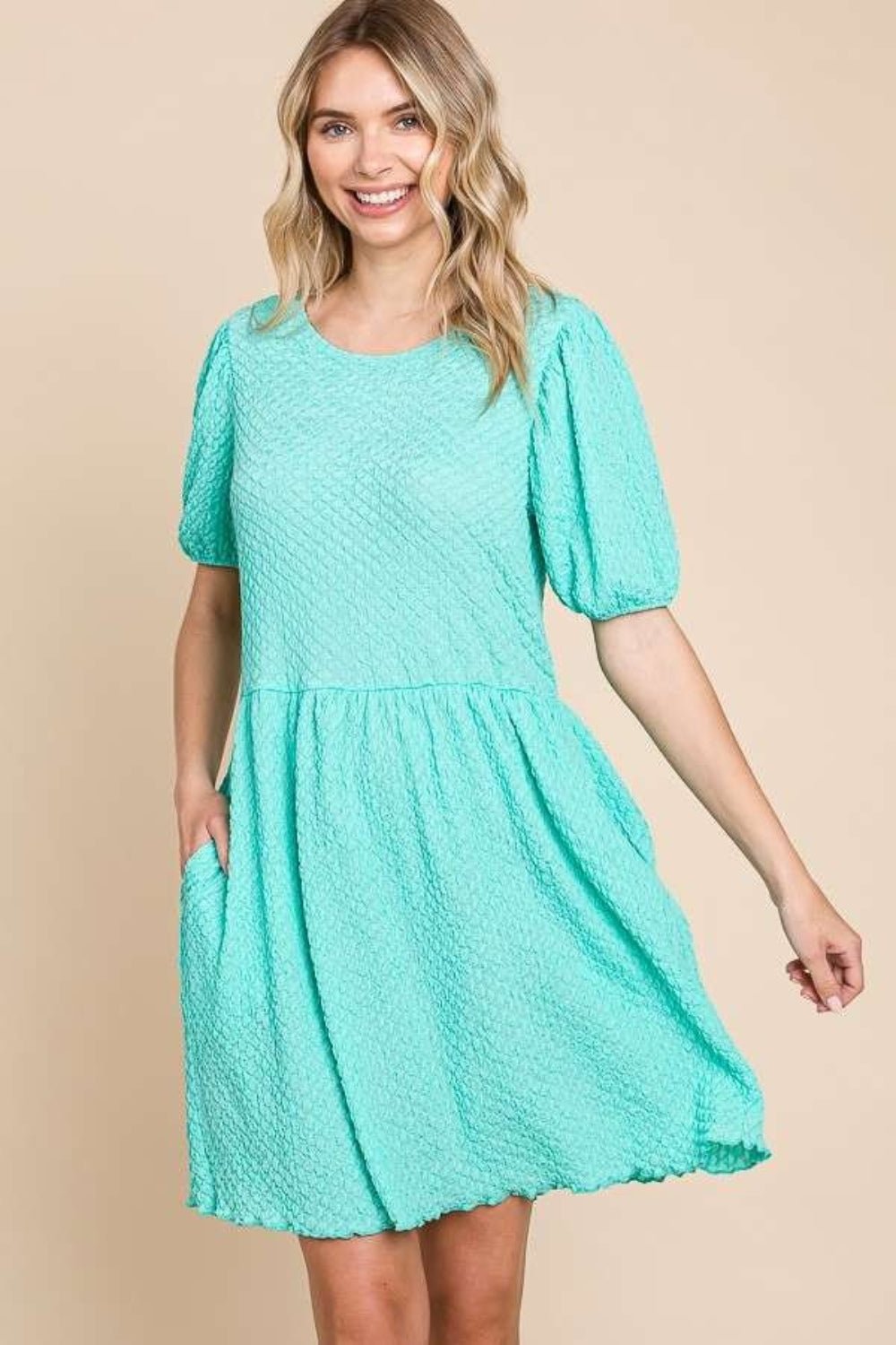 Culture CodeTextured Puff Sleeve Mini Dress in Mint