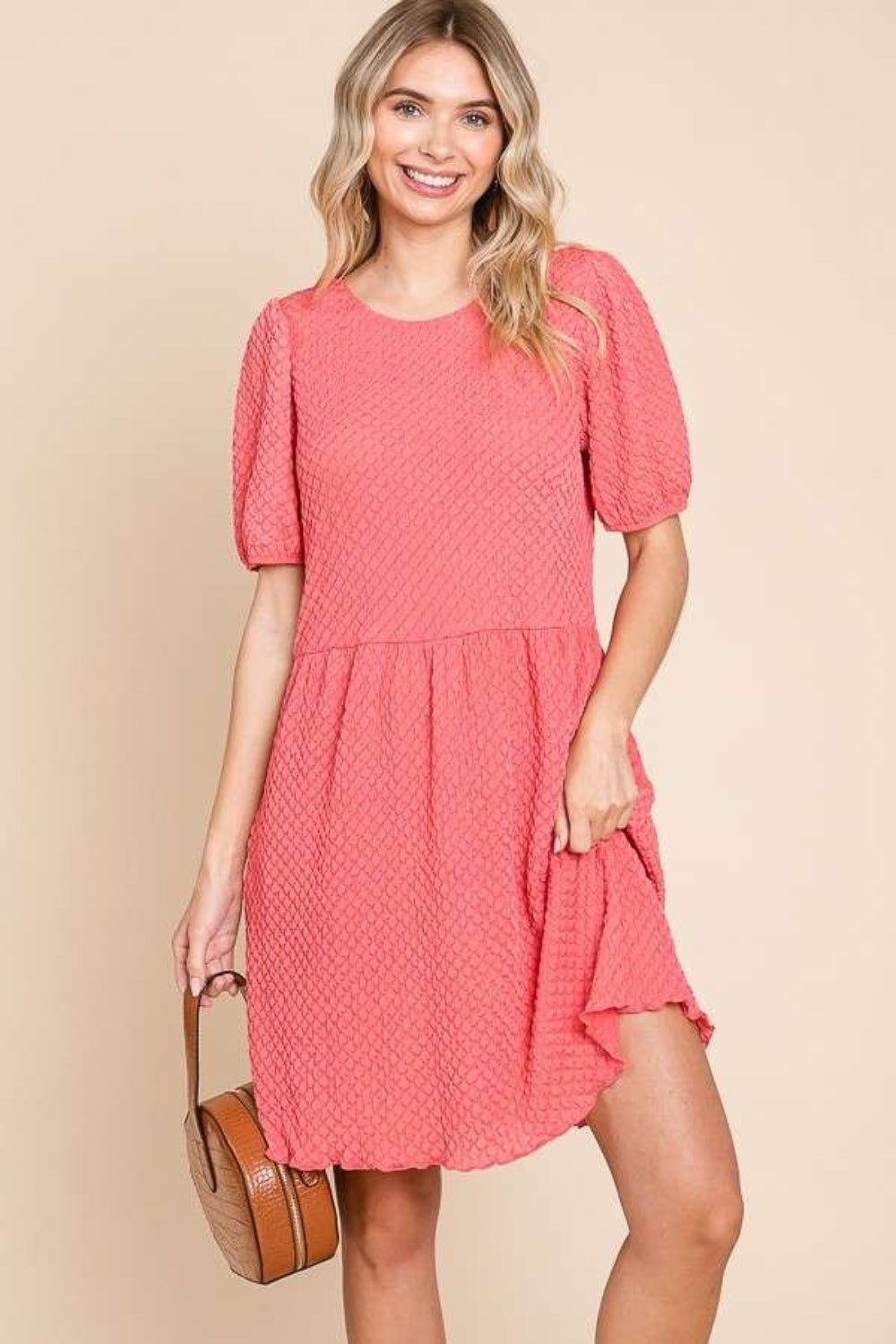 Culture CodeTextured Puff Sleeve Mini Dress in New Coral Pink