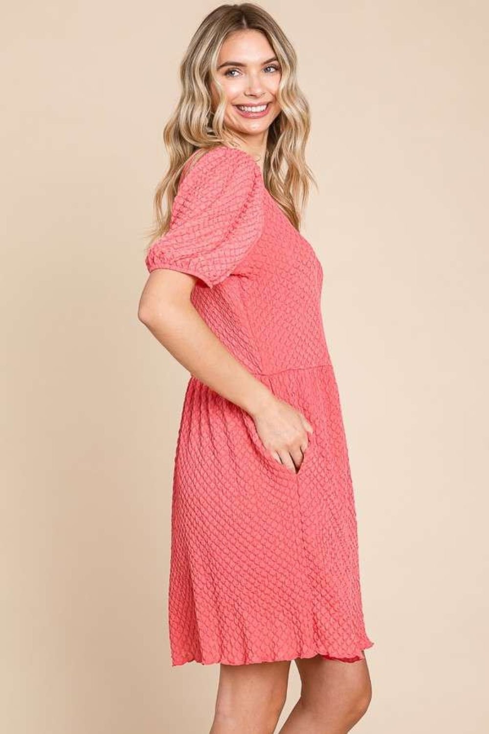 Culture CodeTextured Puff Sleeve Mini Dress in New Coral Pink