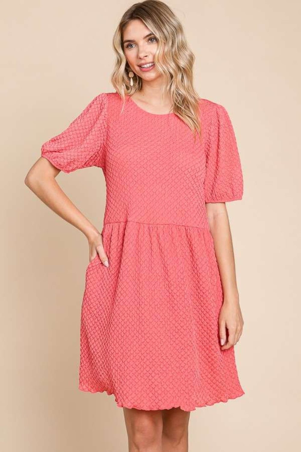 Culture CodeTextured Puff Sleeve Mini Dress in New Coral Pink