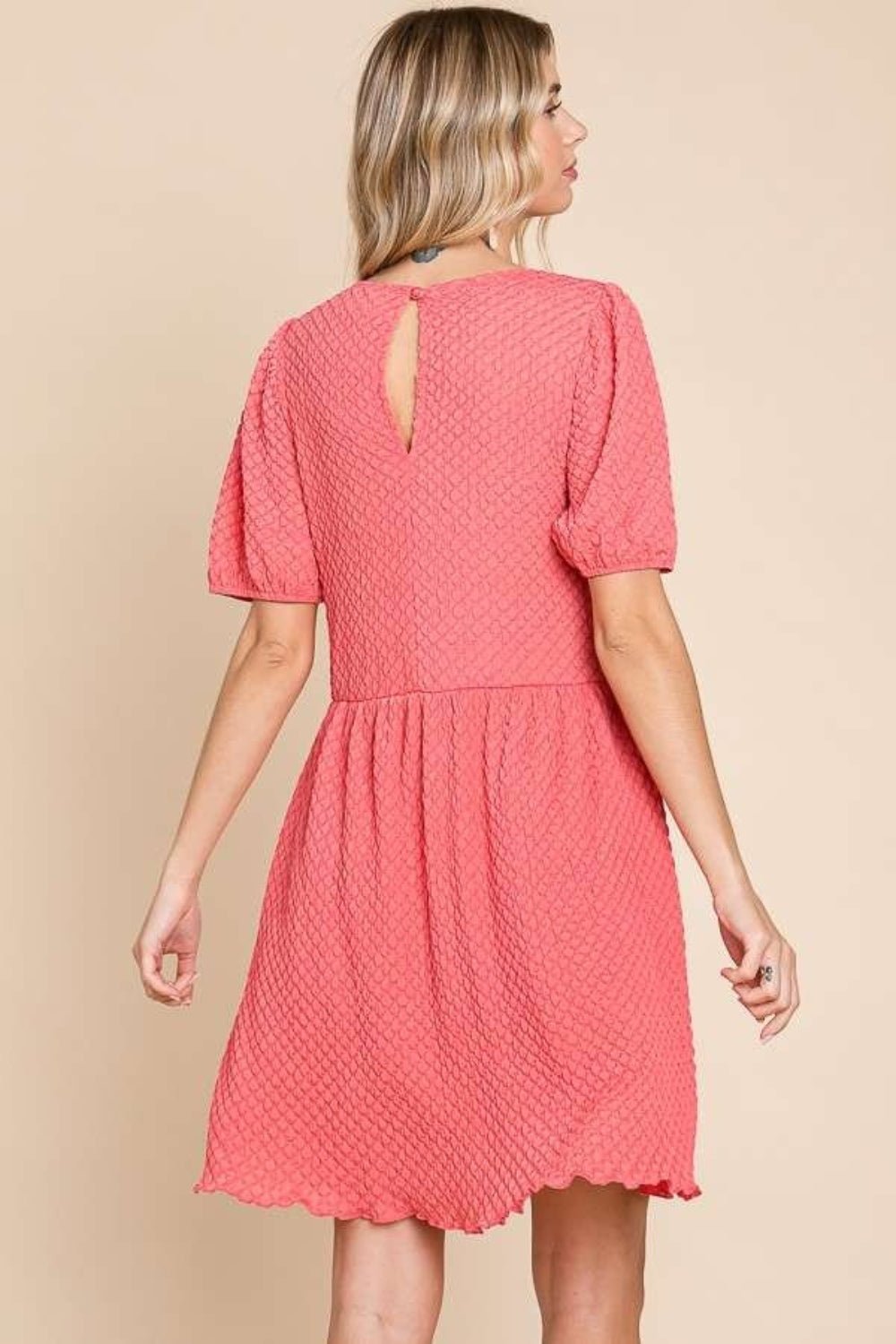 Culture CodeTextured Puff Sleeve Mini Dress in New Coral Pink