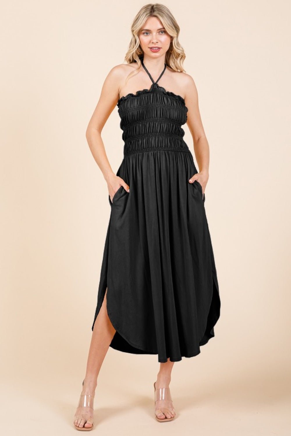 Culture CodeTie Back Shirred Midi Dress with Pockets in Black