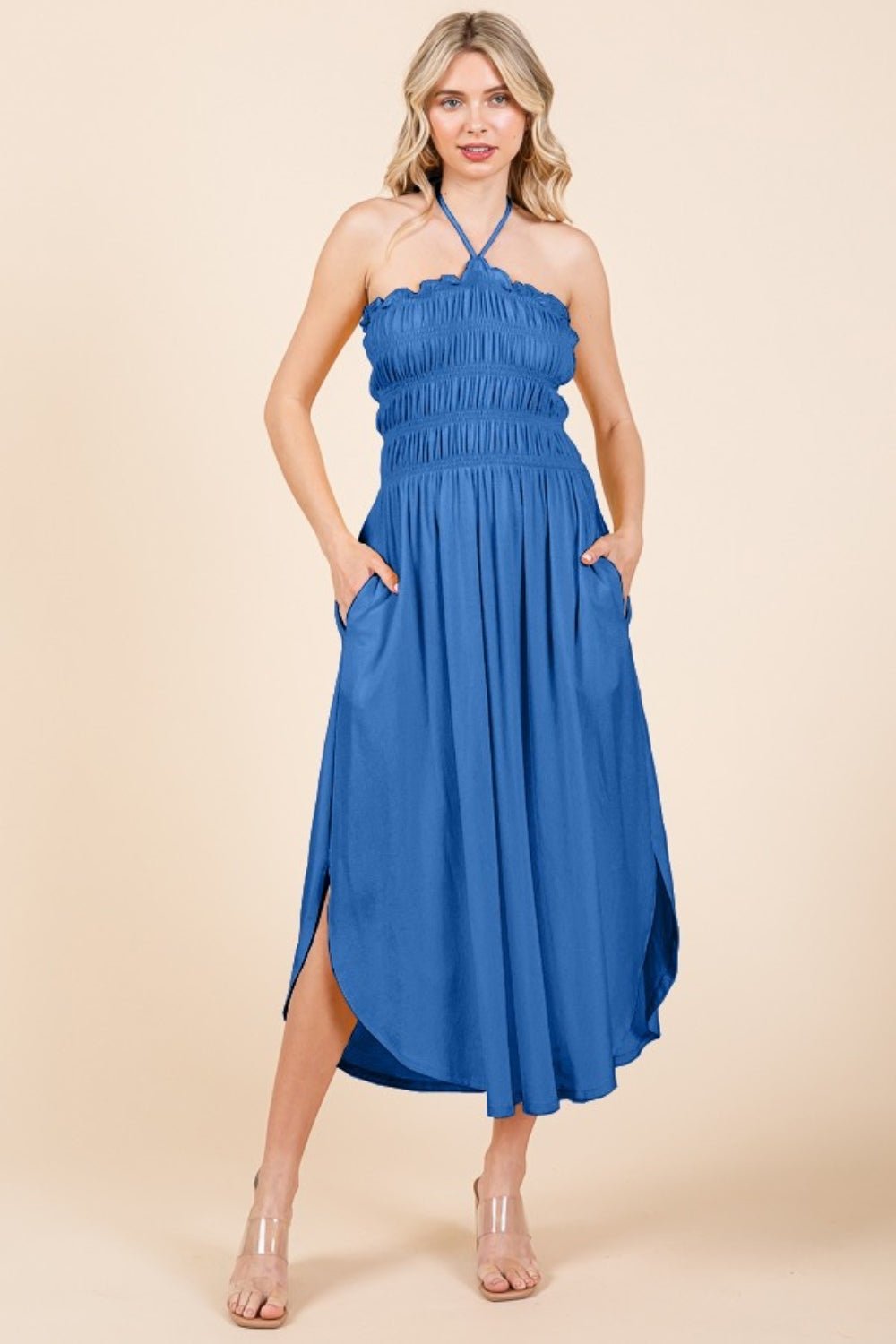 Culture CodeTie Back Shirred Midi Dress with Pockets in Blue