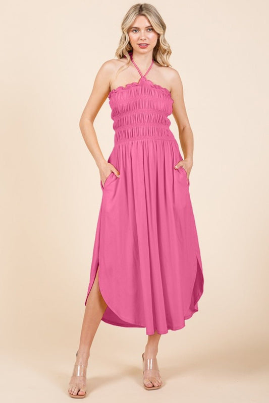 Culture CodeTie Back Shirred Midi Dress with Pockets in Flamingo Pink