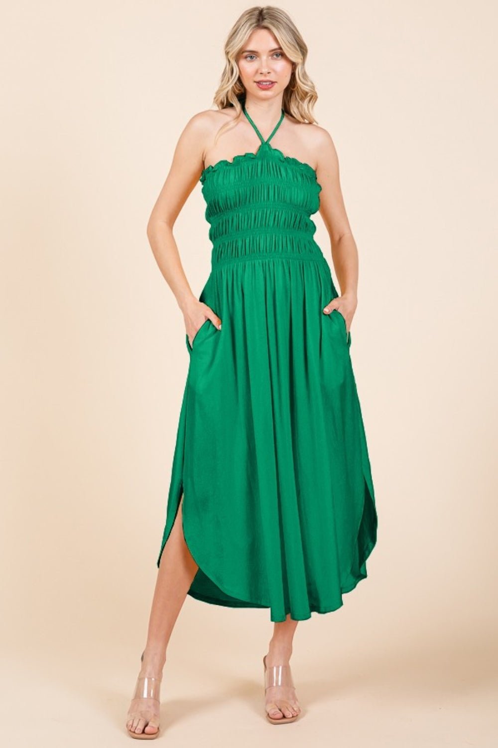 Culture CodeTie Back Shirred Midi Dress with Pockets in Green Pop