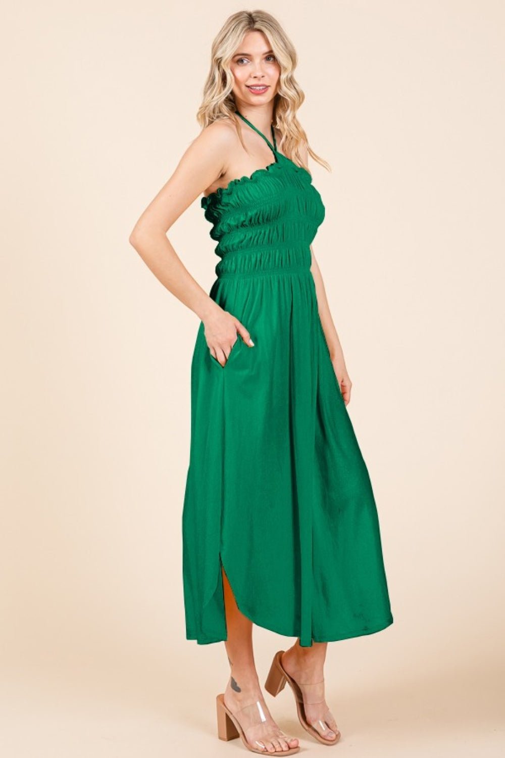 Culture CodeTie Back Shirred Midi Dress with Pockets in Green Pop