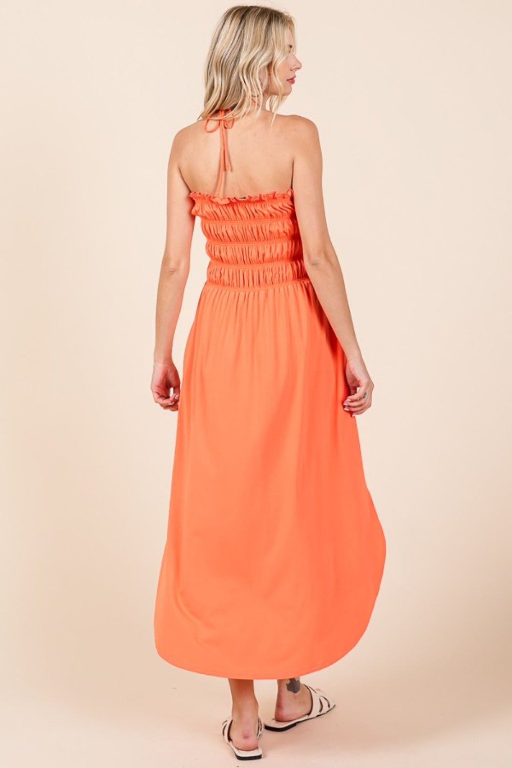 Culture CodeTie Back Shirred Midi Dress with Pockets in Living Coral