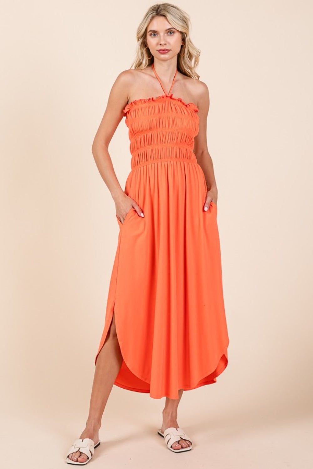 Culture CodeTie Back Shirred Midi Dress with Pockets in Living Coral