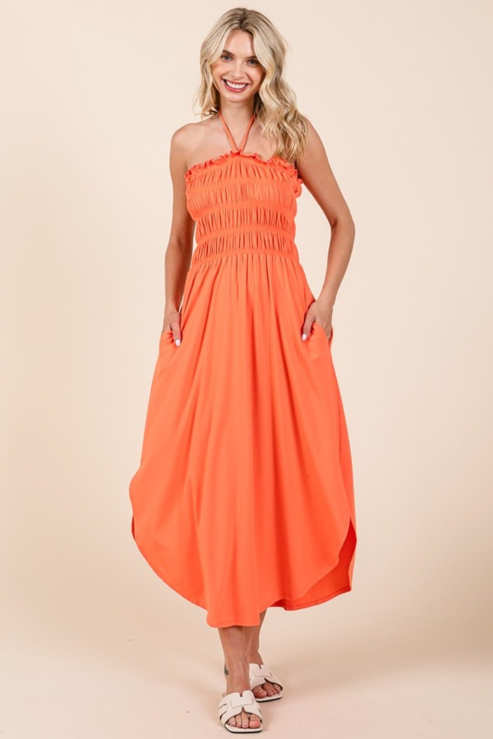 Culture CodeTie Back Shirred Midi Dress with Pockets in Living Coral