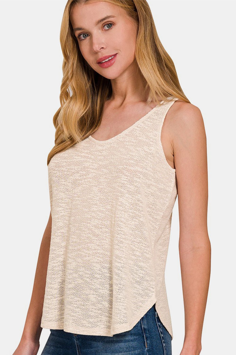 Curved Hem Crew Neck Tank in Sand BeigeTankZenana