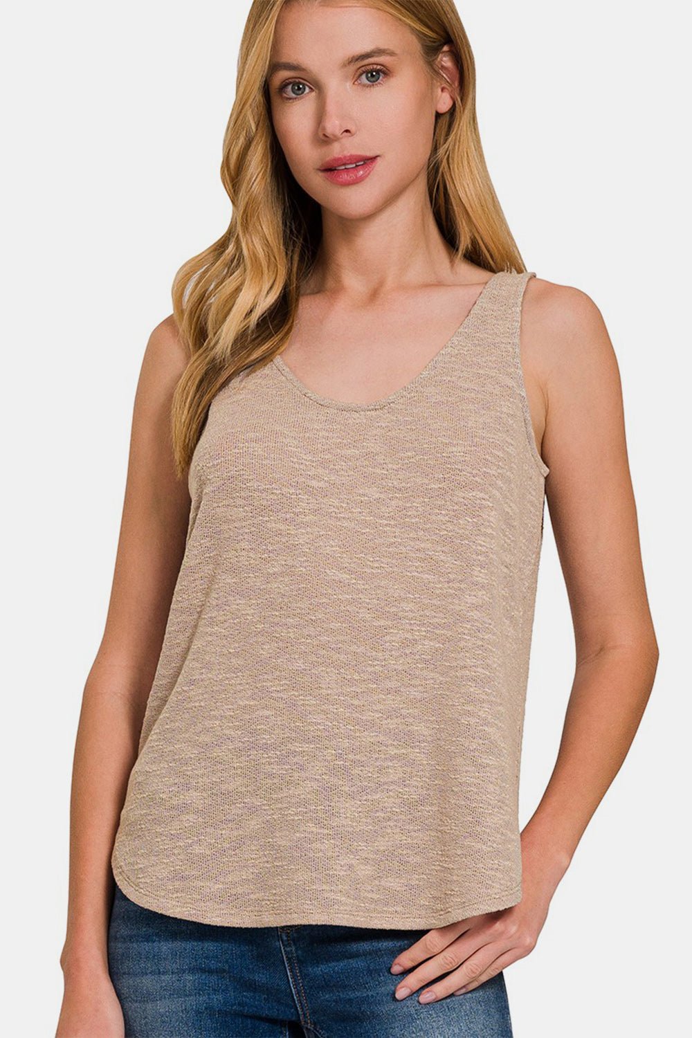 Curved Hem Scoop Neck Tank in Light MochaTankZenana