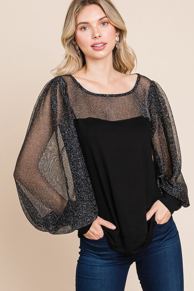 Black Metallic Sheer Lantern Sleeve Blouse