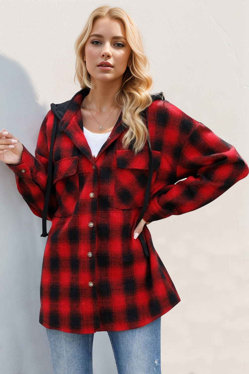 Long Sleeve Hooded Plaid Shacket