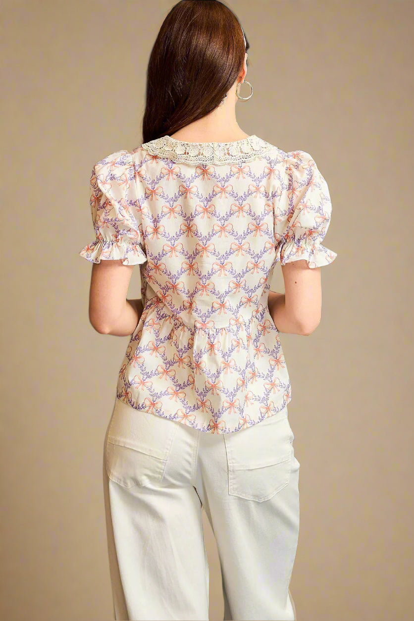 Peach & Lavender Bow Print Ruffle Sleeve Blouse