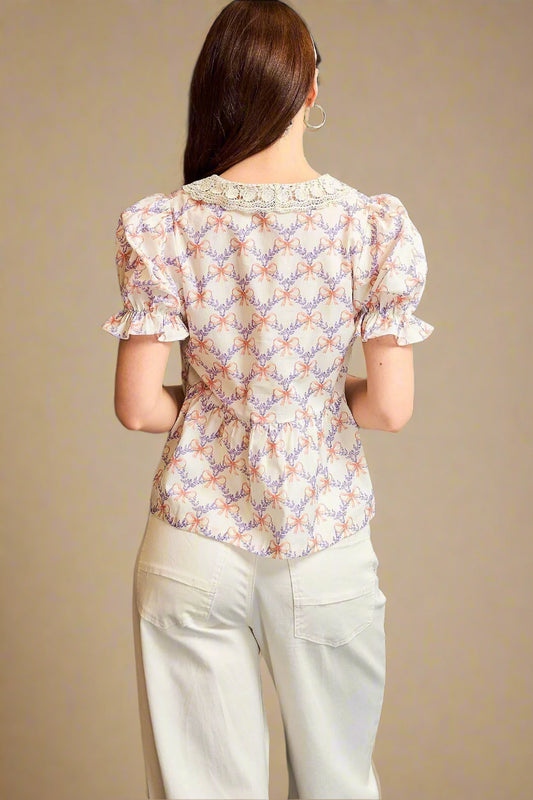 Peach & Lavender Bow Print Ruffle Sleeve Blouse