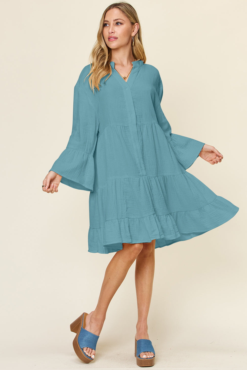 Textured Button Up Ruffle Hem Knee-Length Dress