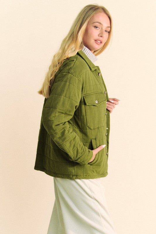 Yellow-Green Quilted Button Down Shacket