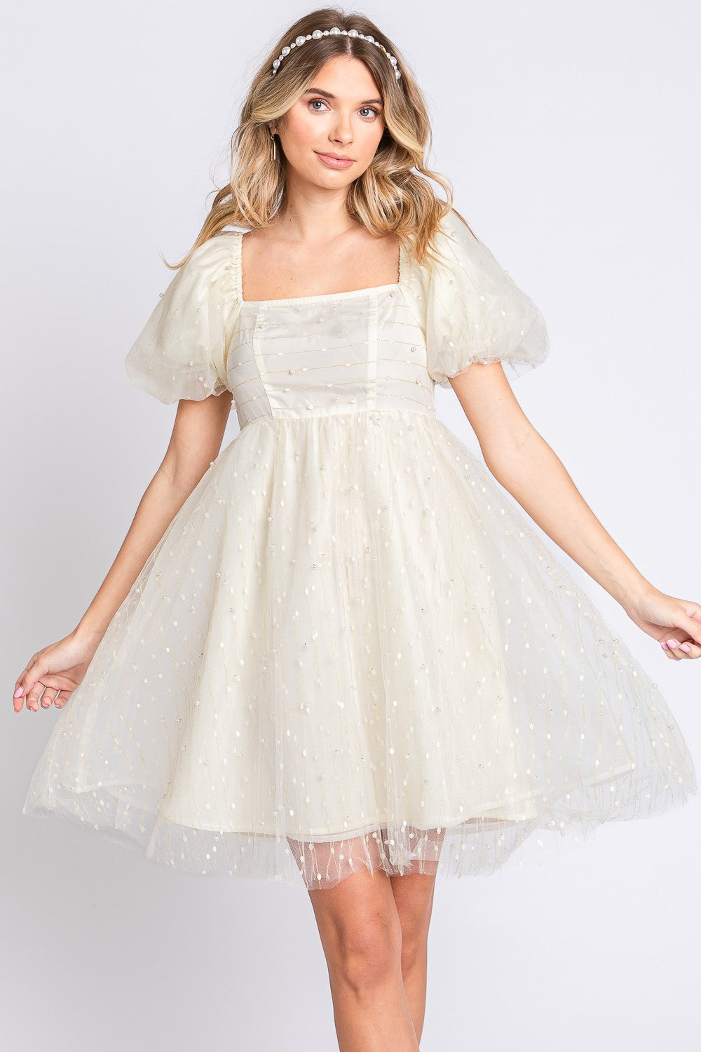 Pearl Detail Tulle Puff Sleeve Babydoll Mini Dress in Cream