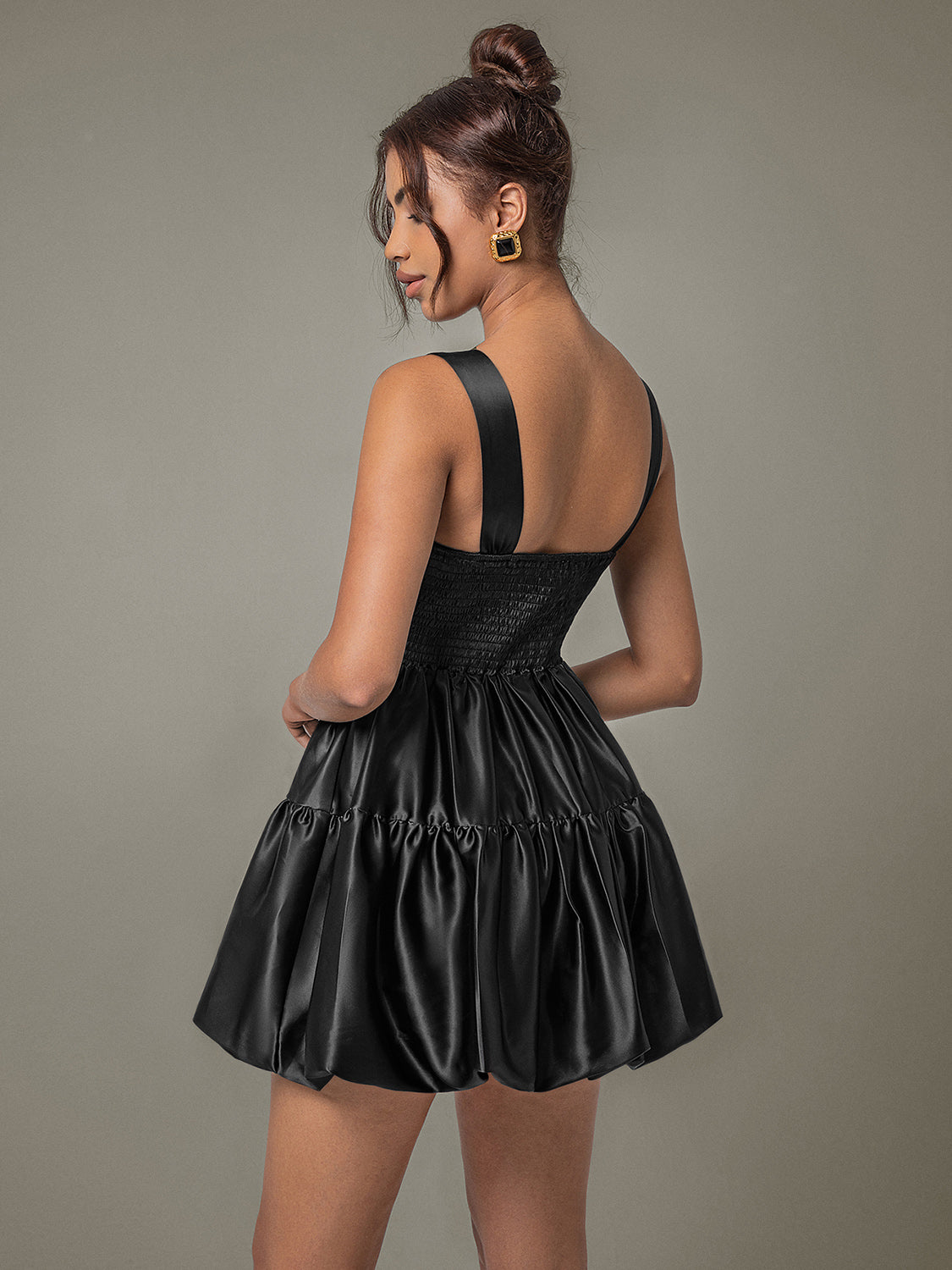 Black Sleeveless Satin Bubble Mini Dress