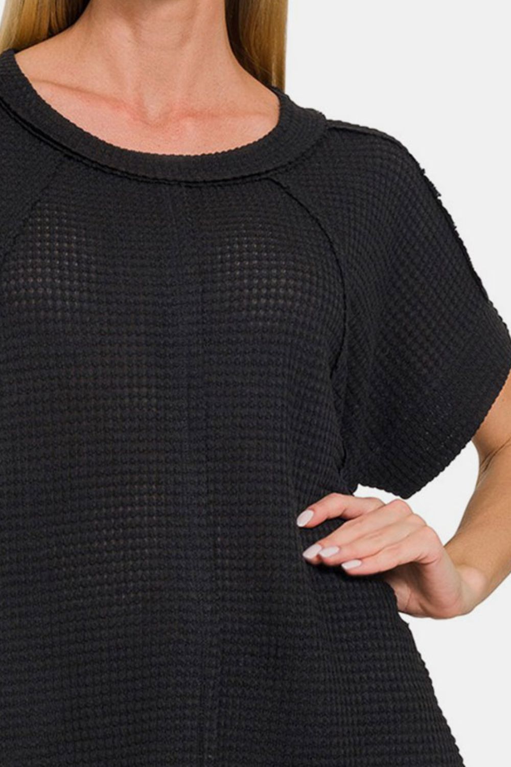 Waffle Knit Exposed-Seam Short Sleeve T-Shirt in Black