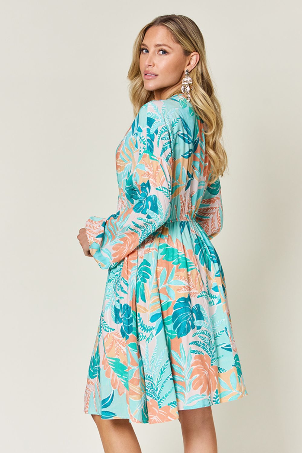 Floral Print V-Neck Drawstring Knee-Length Dress in Turquoise