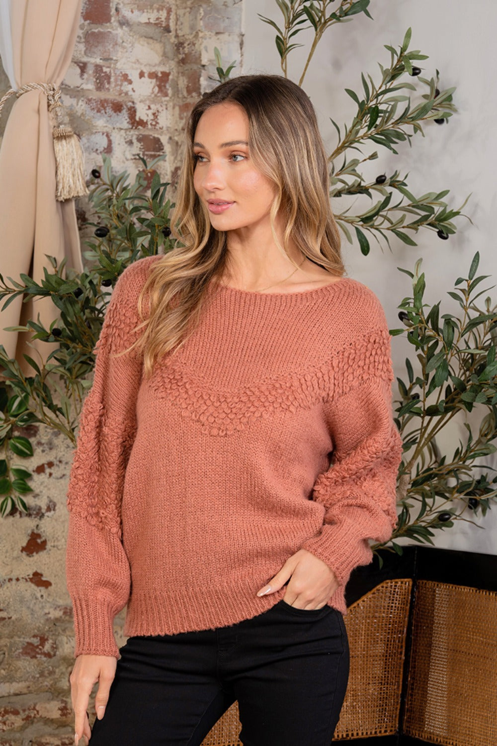 Boat Neck Long Sleeve Sweater in Mauve
