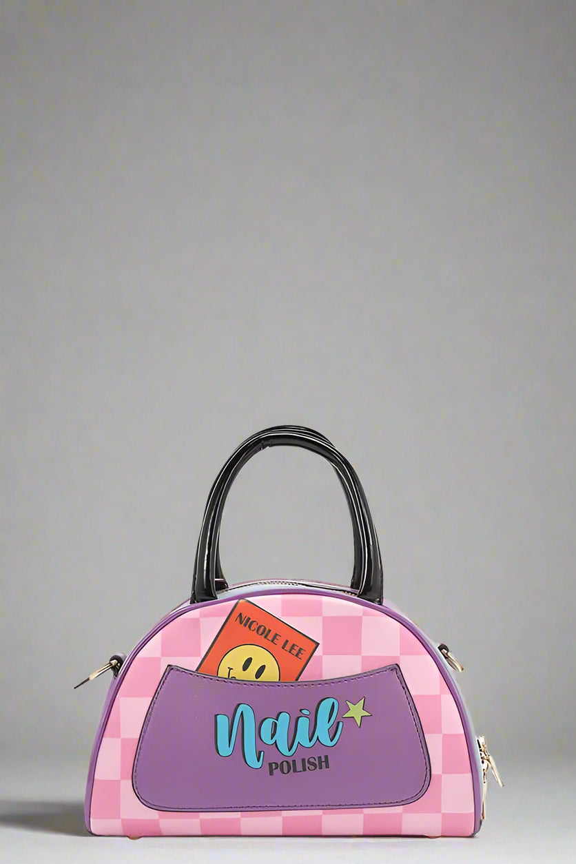 Pink and purple checkered handbag with a pocket labeled 'Nail Polish' on a white background