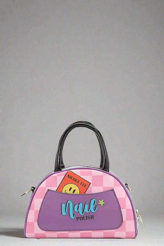 Pink and purple checkered handbag with a pocket labeled 'Nail Polish' on a white background