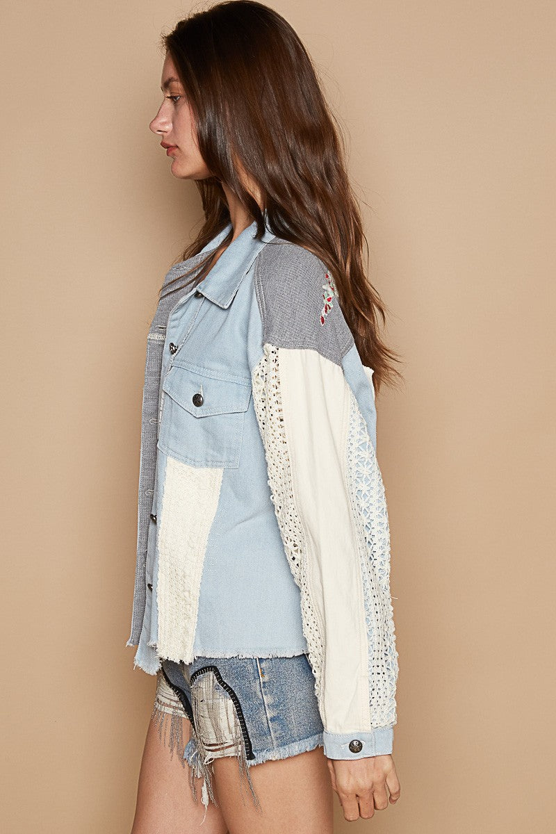 Denim Blue Crochet Embroidered Shacket