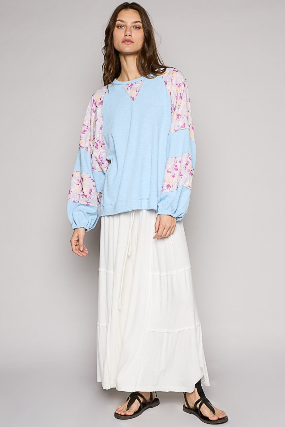Balloon Sleeve Floral Top in Sky Blue Multi